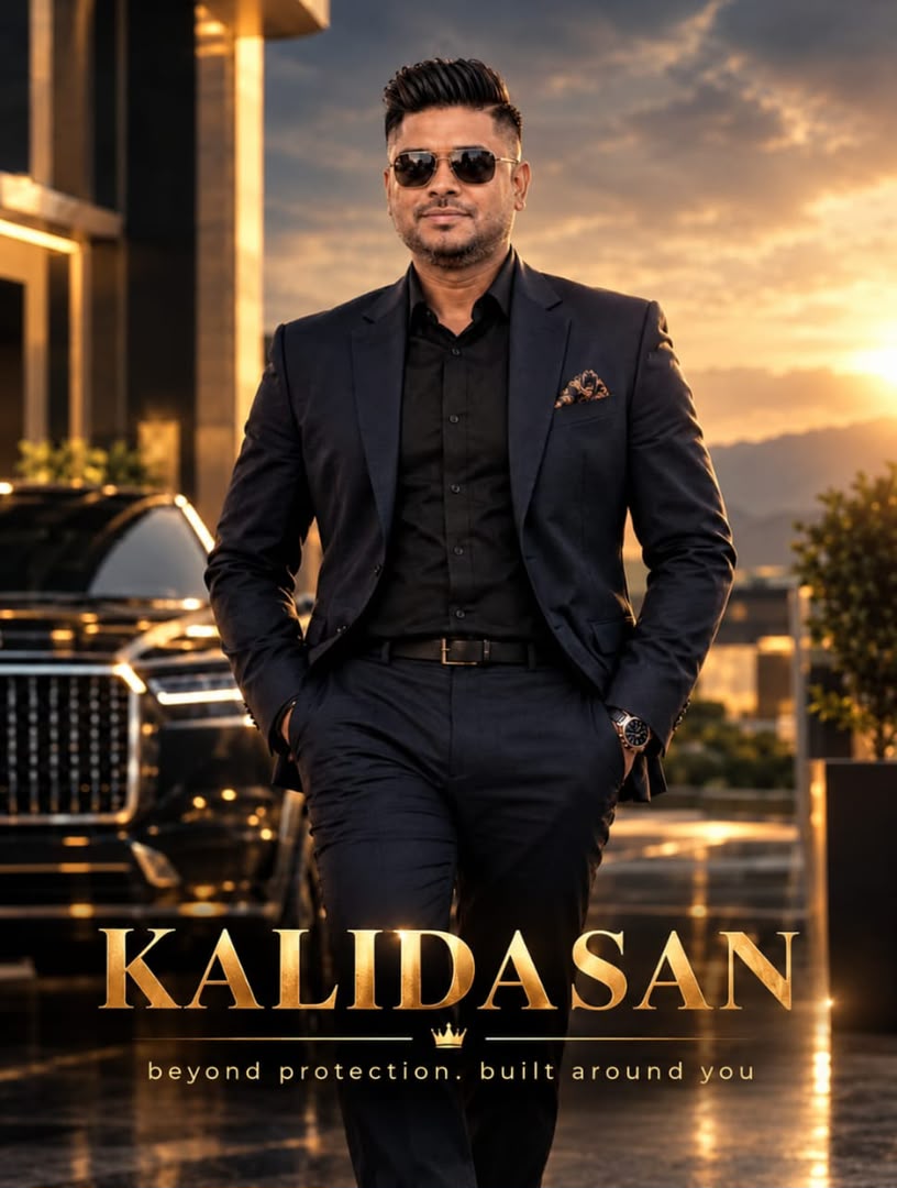Kalidasan in a dark suit against a golden sunset, with his name and tagline